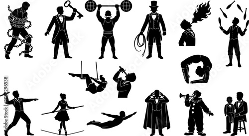 Obraz na płótnie Vintage Circus Performers Silhouette Set with Strongman, Magician, Juggler, Acro