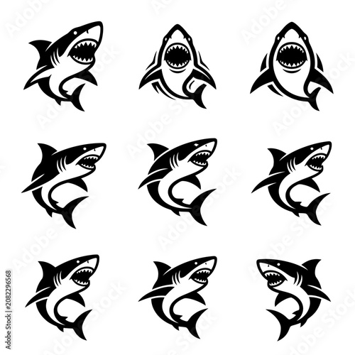 A set of minimalist shark mascot badges with roaring expressions and thick black silhouettes.