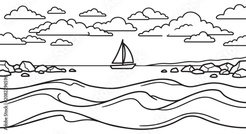 Ocean Wave Line Art Scene Vector Design