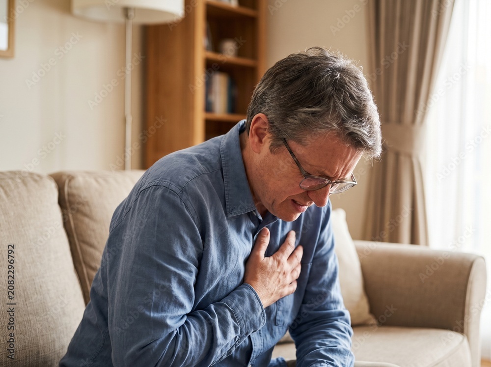 Fototapeta premium Middle-aged man suffering from acute chest pain at home with emergency, physical