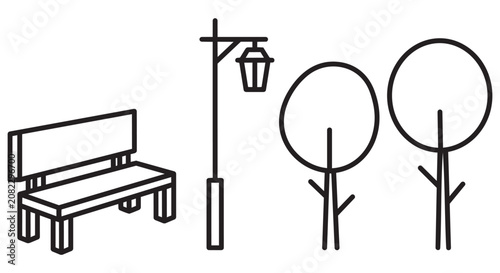 Park Bench Line Art Scene Outdoor Vector Design