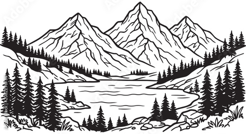 Mountain Lake Landscape Line Art Vector Design