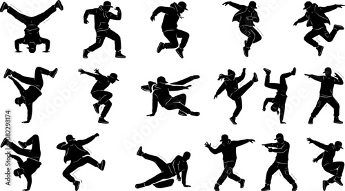 Foto Street Dance and Hip Hop Silhouette Set with Breakdancers Performing Headspins,