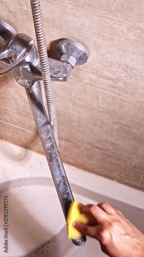 Hand cleaning a bathroom faucet or water tap with a yellow sponge, removing limescale and water stains from chrome tap, household cleaning and hygiene concept