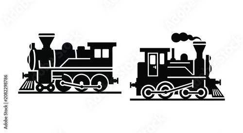 Tableau sur toile Two Steam Locomotives Black Silhouette Against White Background