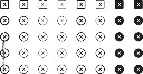Vector Illustration Set of black 'x' mark icons in various styles, including squares, circles, and outlined designs.