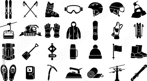 Obraz na płótnie Ski and Snowboard Equipment Icon Set with Winter Sports Gear, Helmets, Chairlift