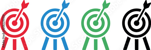 Vector Illustration Set of four target icons with arrows in red blue green and black colors isolated on transparent background vector design.