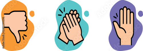 Vector Illustration Human hand gestures icon set: thumbs down for dislike, clapping hands for applause, and raised hand for wave or stop.