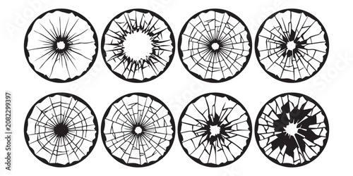 Photos Set of eight circular broken glass patterns and shattered window cracks in black