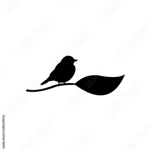 Black Bird Sitting on Leaf Silhouette, Minimal Nature Logo Vector Illustration