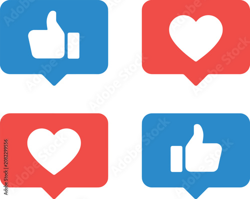Vector Illustration Social media reactions with thumbs up and heart icons in blue and red speech bubbles on transparent background.