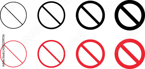 Vector Illustration Set of prohibition sign icons in black and red, with varying line thickness. universal symbol for 'no' or 'forbidden'.
