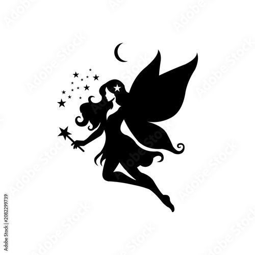 Magical Fairy Silhouette with Wand, Stars and Crescent Moon Black Vector Illustration