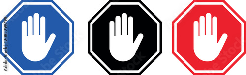 Vector Illustration Three stop signs with white hand symbol on blue, black, and red octagonal backgrounds.