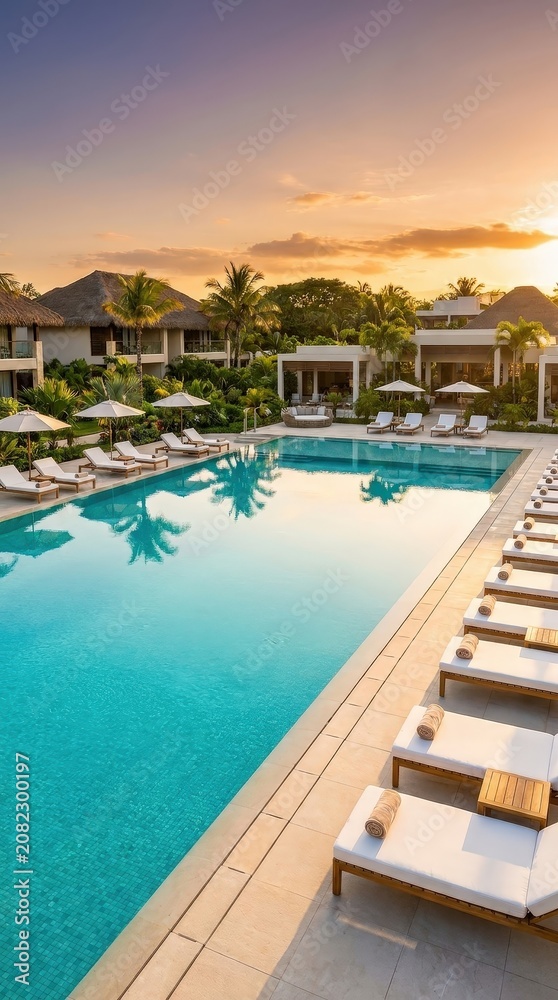 Fototapeta premium Luxury resort swimming pool with palm trees under clear sky. Relaxing destination, premium travel, tropical escape, leisure lifestyle, summer vacation.