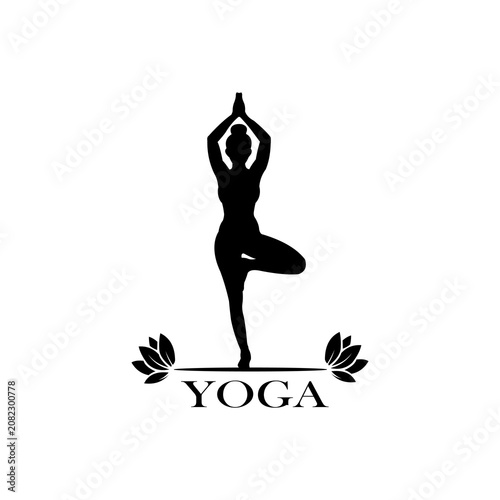 Yoga Meditation Tree Pose Silhouette Logo Vector with Lotus Flowers Isolated on White Background