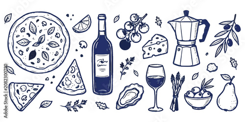 Foto Hand drawn food and drink icons set with pizza wine coffee maker and fresh ingre