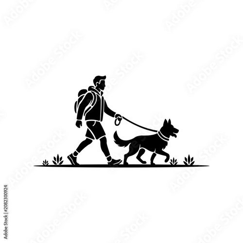 Dog Walking Silhouette Vector, Man Walking German Shepherd, Pet Owner Black Icon Illustration
