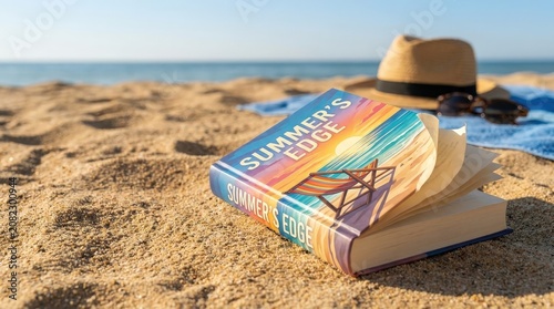 Paperback books resting on sandy beach beside the ocean. Summer reading, relaxing vacation, travel escape, leisure lifestyle, holiday inspiration.