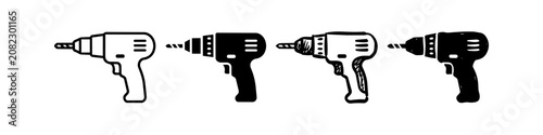 Valokuva Hand-drawn electric drill icon set in outline and silhouette styles for DIY and construction designs