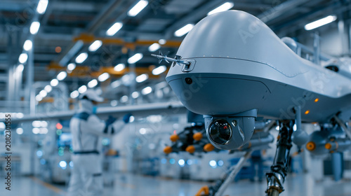 Ultra-realistic close-up profile of a military drone wing equipped with precise missile payloads on a defense production line, a technician in protective gear adjusting a wing flap