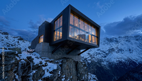 Modern cantilevered house on a snowy mountain cliff at dusk