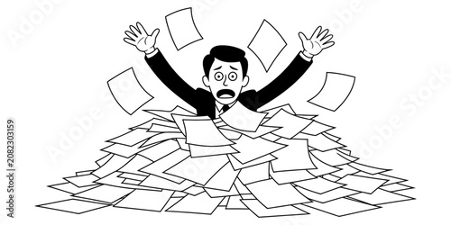 Quadro su tela Stressed businessman buried under a huge messy pile of paper documents and files