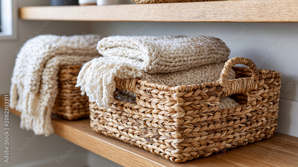 Obraz premium Use Decorative Baskets for Organization in-ultra-tiny apartment, clean, not cluttered. Decorative baskets provide attractive storage while reducing everyday clutter. Use them to or