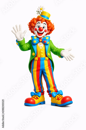 Cheerful 3D cartoon circus clown character smiling and waving in a colorful costume with oversized shoes, red nose, curly orange hair, and playful accessories. Full-body illustration.
