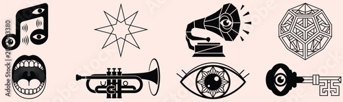 Foto Collection of surrealistic vector icons featuring musical instruments, geometric