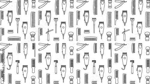 Barbershop tools pattern with hair clippers combs and razors in a hand drawn doodle sketch style
