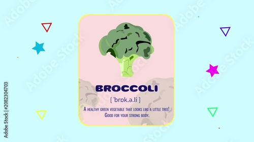 Broccoli flashcard motion graphics animation with floating geometric shapes