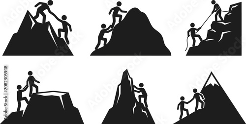 Obraz na plátně Black silhouettes of people helping each other climb mountains