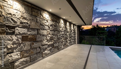 A serene outdoor space with a stone wall, tiled floor, and pool overlooking a sunset