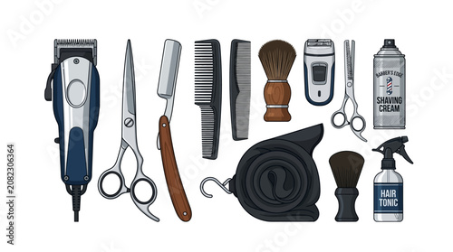 Barber Tools Collection: Clippers, Razor, Scissors, Brushes, Shaving Cream