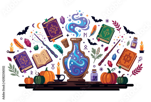 Mystical potion brewing with enchanted books crystals and wands for fantasy and magic concepts during Halloween