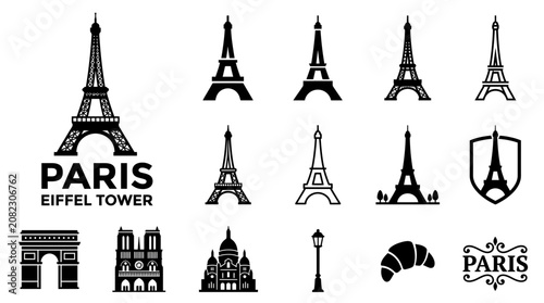 Fotografía Paris Icons: Eiffel Tower, Arc de Triomphe, Notre Dame, Sacre-Coeur, Croissant
