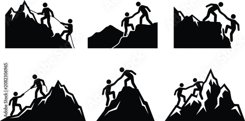Принти на полотні Black silhouettes of people helping each other climb mountains