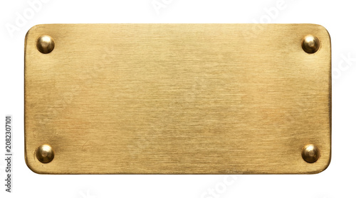 Golden brass nameplate isolated on transparent background with blank surface for engraving