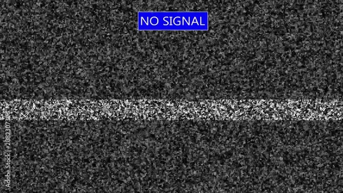 Analog tv static noise with moving no signal blue box overlay, retro television glitch effect background.