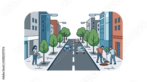 Canvastavla Urban Greening: People Planting Trees on City Street with Buildings and Cars
