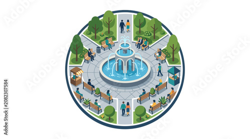 Cuadro en lienzo Urban park with fountain, people relaxing on benches, isometric view