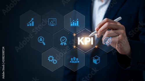 Executive pointing at kpi dashboard with business growth icons and performance metrics on background.
