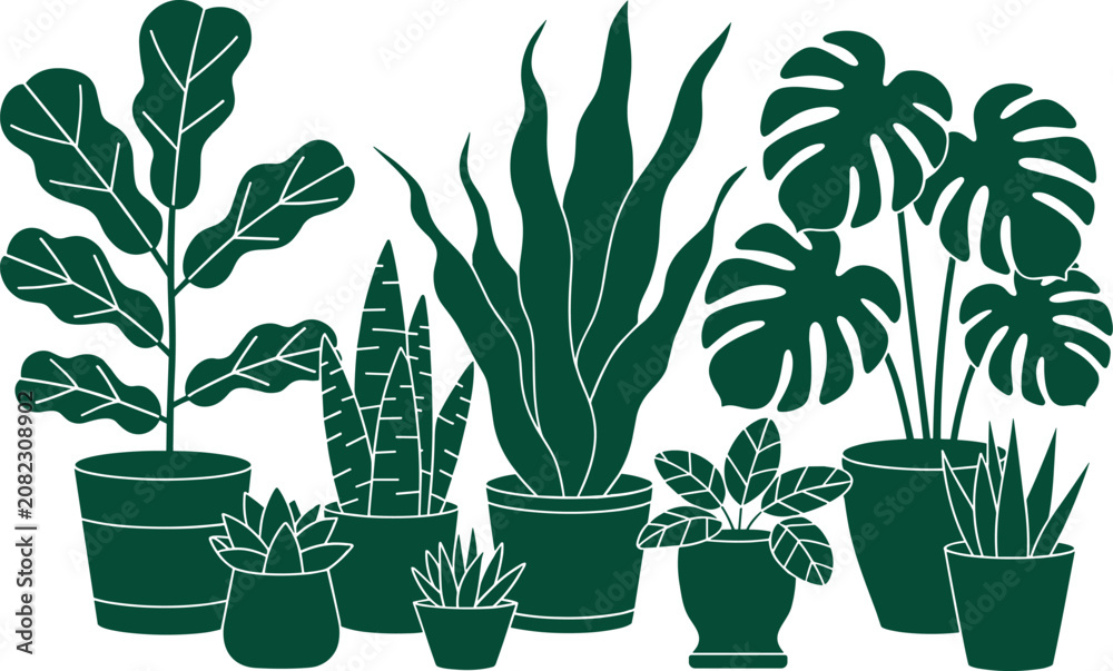 Fototapeta premium Diverse indoor jungle plant collection featuring monstera and snake plant vectors for commercial branding graphic design projects and botanical decoration print templates set