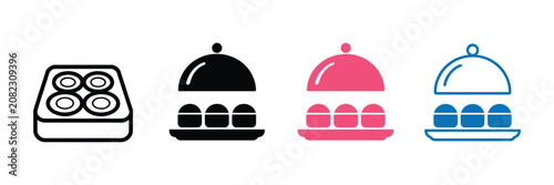 Foto Food serving platter icons featuring cloches, restaurant dining service, catering equipment, and clean minimalist vector graphics in black, red, and blue styles