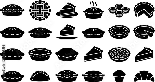 Obraz na płótnie Baked Apple Pie and Pastry Silhouette Icon Set with Whole Lattice Pies, Slices,