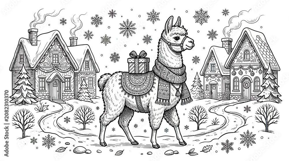 Fototapeta premium Llama in Snowy Village with Gift and Scarf, Christmas Illustration
