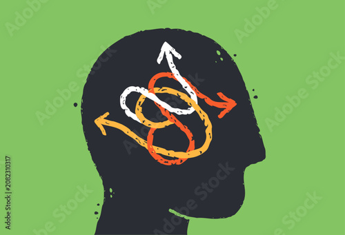 Mental health, doubt, confusion, psychology concept. Abstract vector of human head silhouette with tangled arrow paths. Making choice, overthinking, inner conflict. Isolated flat illustration