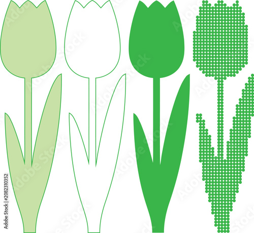 Dotted vector set of green tulips in various styles and shades